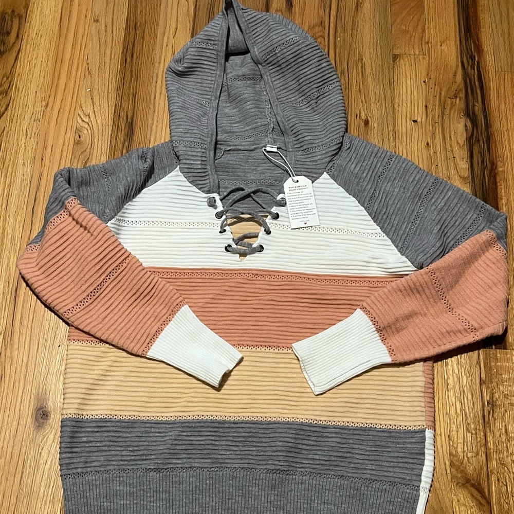 Color Block Lace-Up Hoodie Sweater Size M NWT Long Sleeve Pullover - Picture 2 of 5
